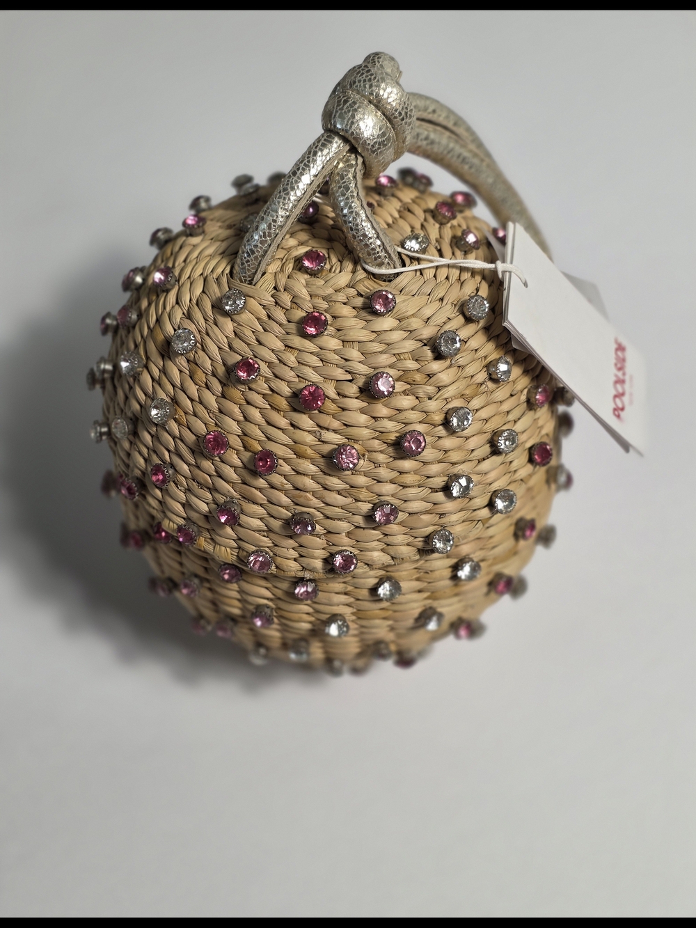 Straw Crystal-Studded Round Wristlet Clutch - Natural with Pink & Silver Accents